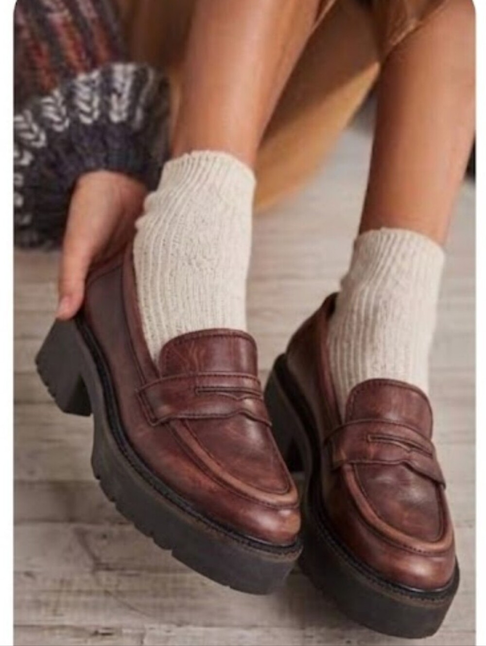 FP DECKER Burgundy Brown Distressed Leather Lug Sole Platform Penny Loafers 38